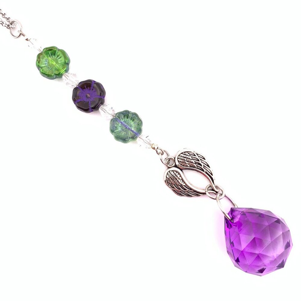 Purple & Green Flower Prism Rearview Mirror Car Charm Suncatcher Handmade CC120